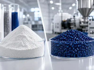 Dry-blend em pó branco e masterbatch azul em pellets para aplicação na indústria plástica