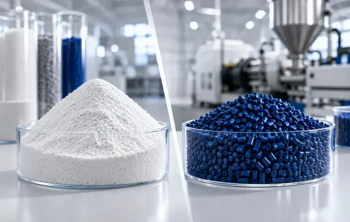 Dry-blend em pó branco e masterbatch azul em pellets para aplicação na indústria plástica