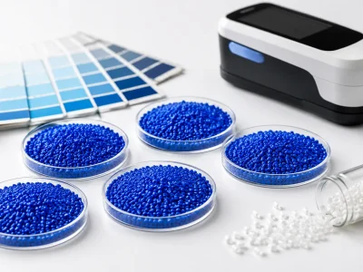 Grânulos coloridos de masterbatch utilizados para garantir repetibilidade de cor em plásticos