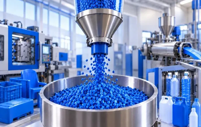 Masterbatch azul para tingimento de plástico em processo industrial