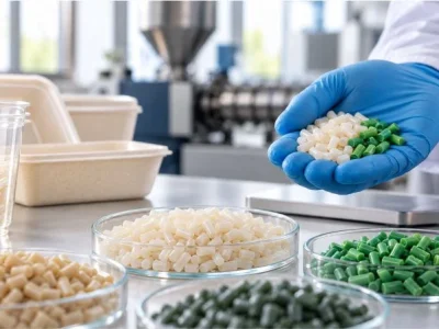 Masterbatch para PLA em pellets cilíndricos sendo analisado em laboratório, com foco em processamento e compostabilidade