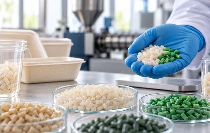 Masterbatch para PLA em pellets cilíndricos sendo analisado em laboratório, com foco em processamento e compostabilidade